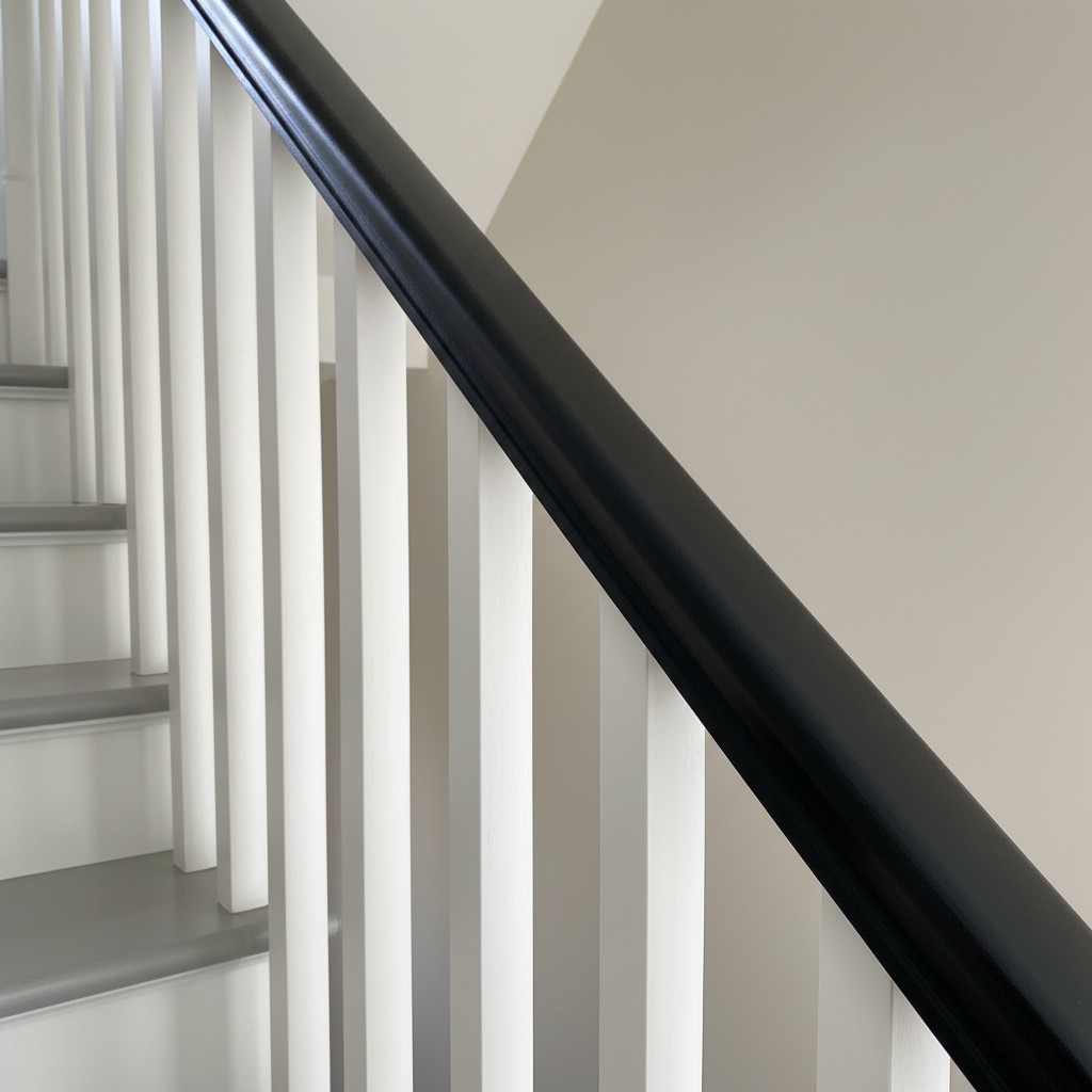 A close-up photo of a flight of stairs and part of a railing against a neutral-hued background. An angled lower rail and m...