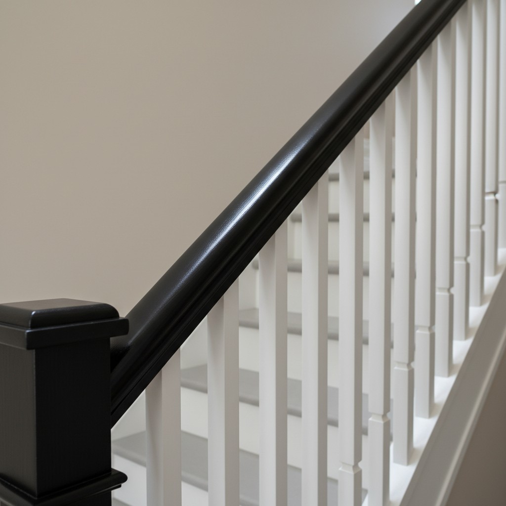 An interior staircase with a black handrail mounted on the lower side and white, slender balusters attached to a dusky pal...