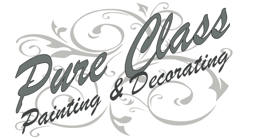 "Pure Class Painting & Decorating" ornate logo with grey font on white background.